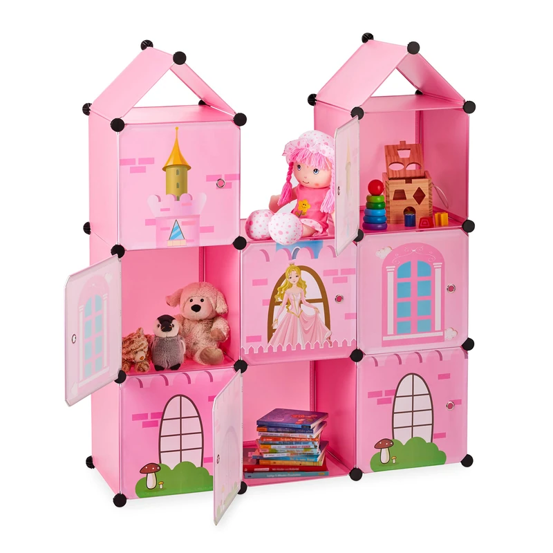 Relaxdays Modular Kids’ Shelving Unit, Princess Castle, Plastic, DIY Cabinet with Doors, HWD: 128 x 110 x 37 cm, Pink