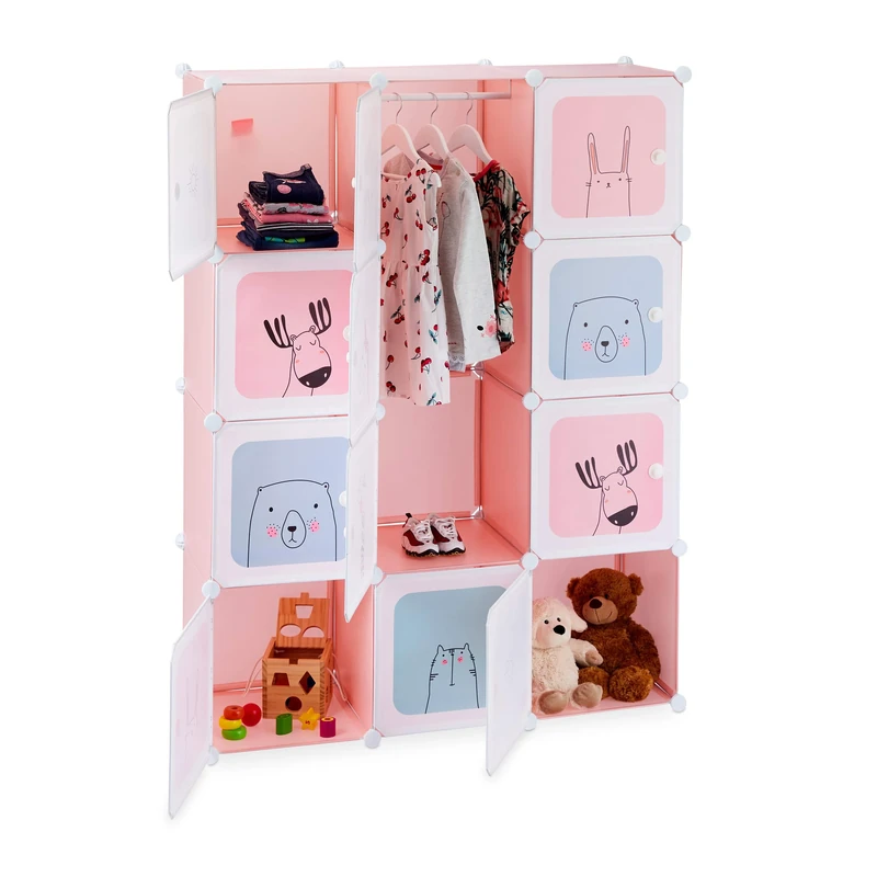 Relaxdays Modular Children’s Shelf, Girls, Fun Designs, Plastic, DIY Rack with Doors, HWD 145x110x37.5 cm, Pink