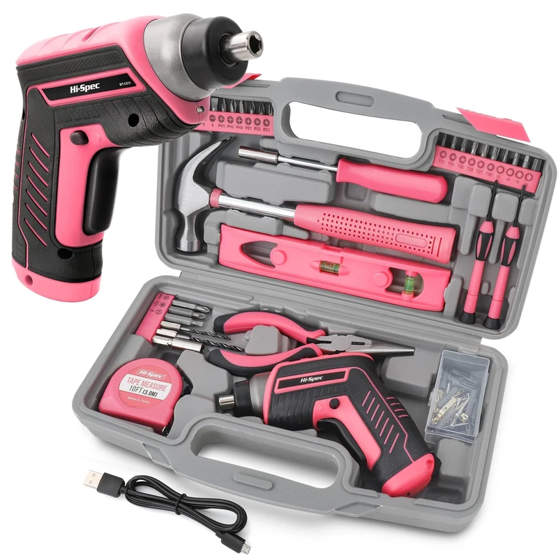 Hi-Spec 35pc Pink Tool Kit with 3.6V USB Cordless Electric Screwdriver. Women’s DIY Home Repair & Maintenance Tool Set. Compact Toolbox with Hand Tools for Household Fixes & Assembly Tasks