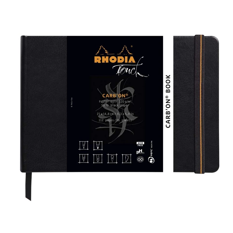 RHODIA TOUCH 116116C - Rigid Carb'On Book A5 Notebook - 112 pages - Clairefontaine Carb'On Plain Black Paper 120 g/m - Double Grain Suitable for Dry, Pencil, Sanguine, Pastel Techniques