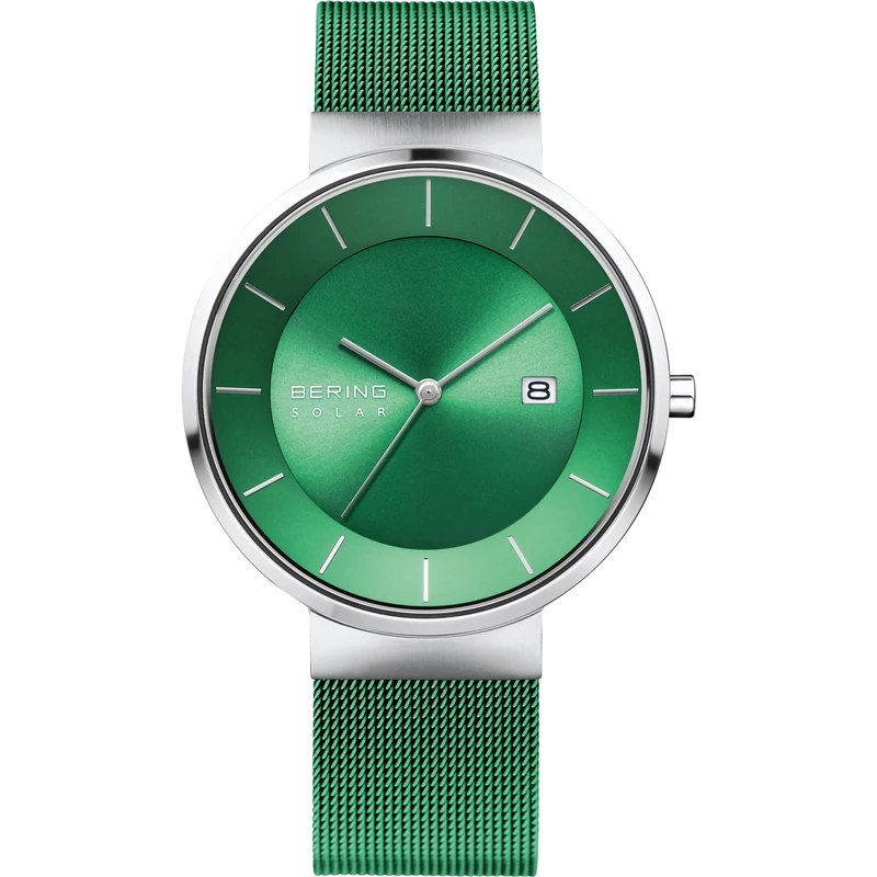BERING Men's Solar Watch | 39mm Case | Wristwatch with Silver Case | Green Dial | Green Milanese Strap | 5 ATM | 14639-Charity
