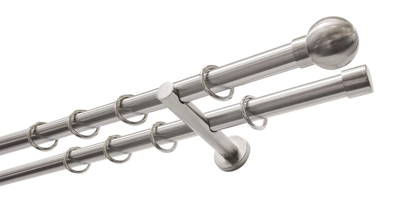 Gardinia Curtain pole set ball 2-track diameter 20 mm stainless steel look, Metal, 160 cm / 2-Lauf