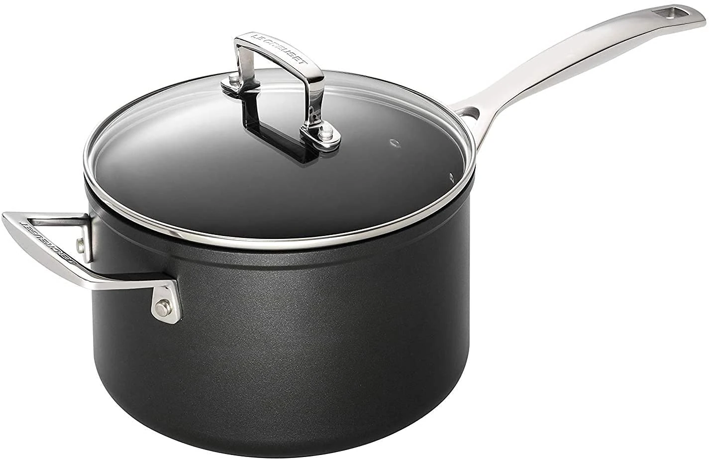 LE CREUSET Toughened Non-Stick 16x9.5cm Saucepan w/Helper Handle and Glass Lid, Aluminium, 51108160010302, Black