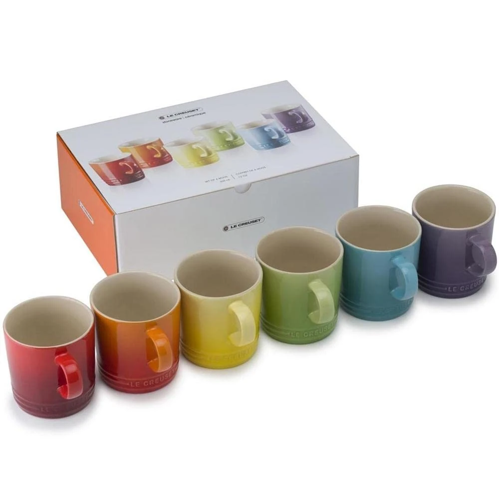 LE CREUSET Stoneware Rainbow Coffee Mugs, 350 ml, Cerise, Volcanic, Teal, Ultra Violet, Soleil, Palm, 79114358359030