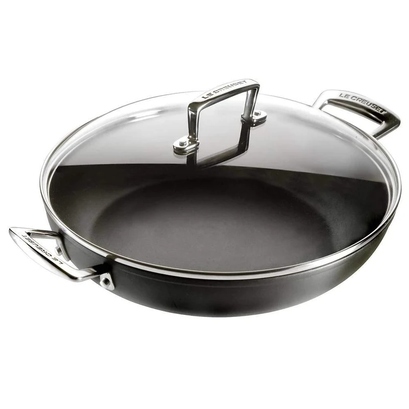 Le Creuset Toughened Non-Stick 30x6.5cm Shallow Casserole/Braiser with Glass Lid, Aluminium, 51107300010502, Black