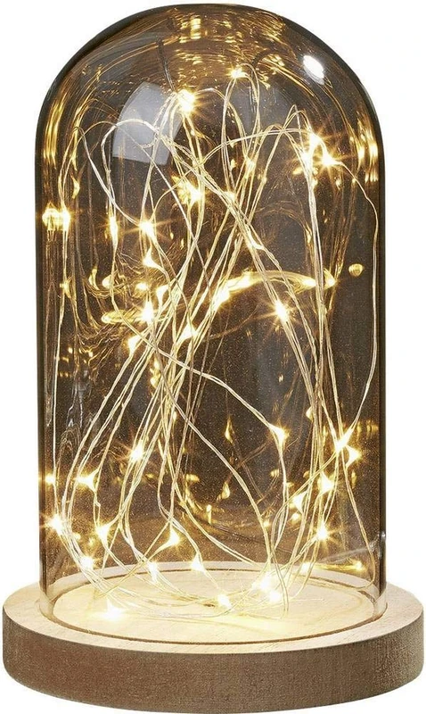 hellum Glass Bell with Wooden Base and Removable Dome, 30 Warm White LEDs, Glass Bell Battery Operated with Timer, 12.5 x 19.5 cm, Valentine's Day Decoration, 523713