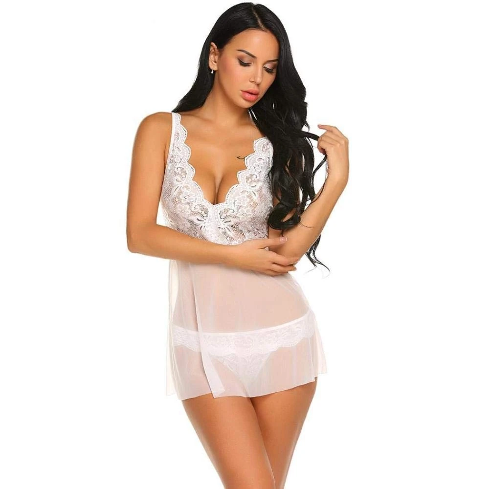 DKNMOL Women's Lingerie Sets Women's Baby Dolls Women Sexy Lingerie Nightgown Plus Size V-Neck Lace Sexy Underwear G-String Erotic Lingerie Nightdress Sexy Clothes-White_XXL