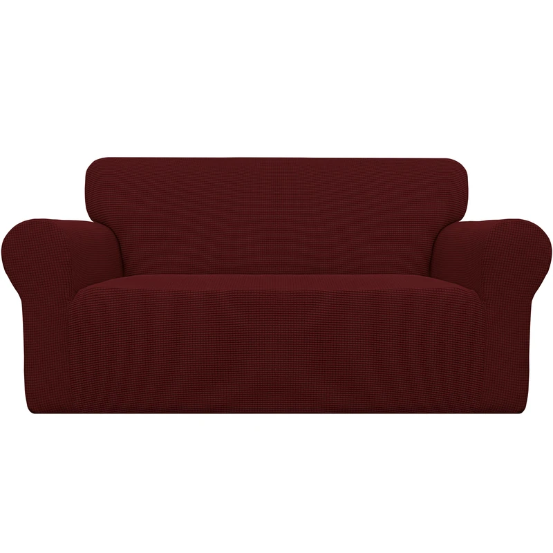 Easy-Going Stretch Loveseat Slipcover 1-Piece Sofa Cover Furniture Protector Couch Soft with Elastic Bottom for Kids Polyester Spandex Jacquard Fabric Small Checks (Loveseat, Wine)