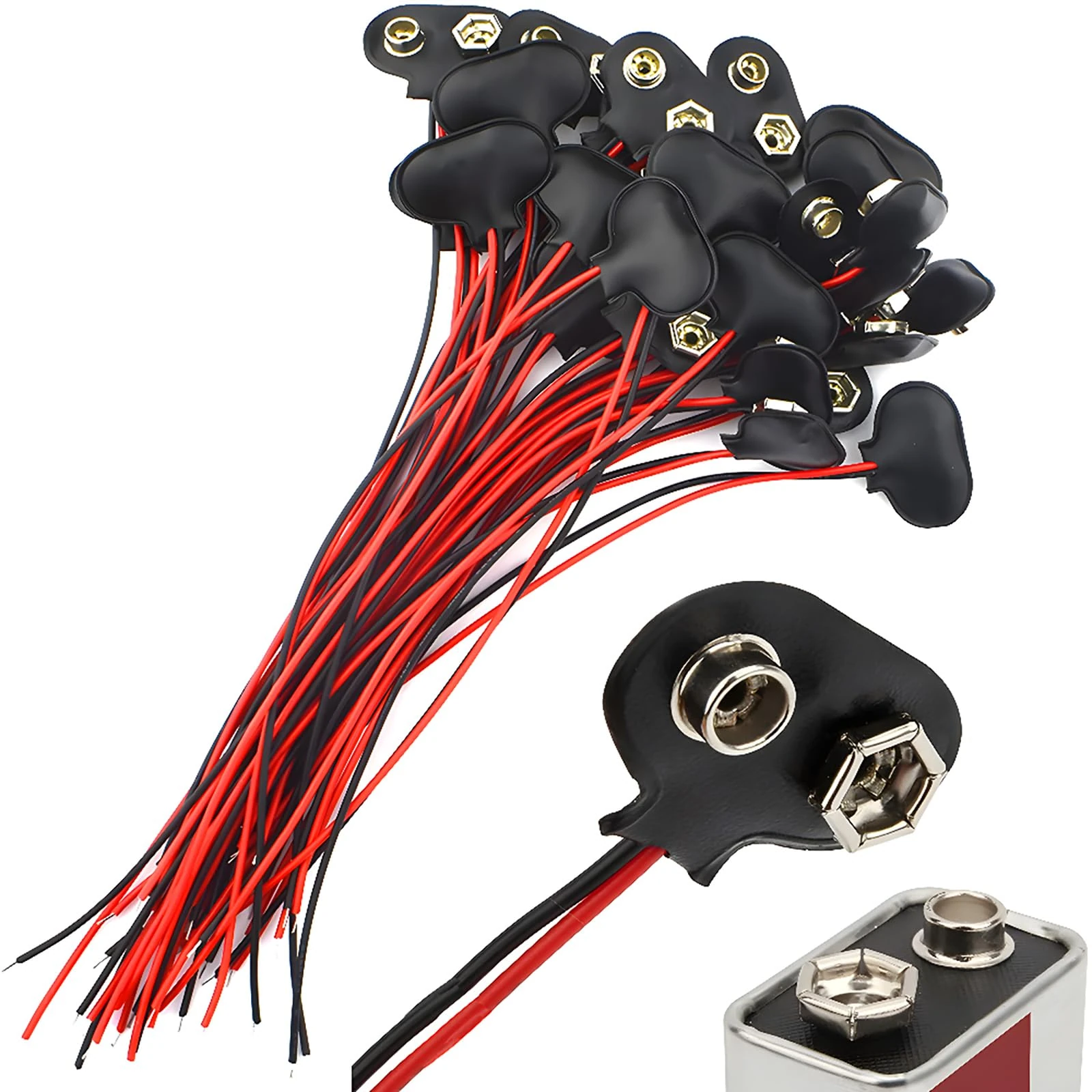 CESFONJER 30 PCS T Type Combination Battery Clip Connector DC 9V Battery Snap Connector and Convenient Adapter - Black Red Long Cable 15cm