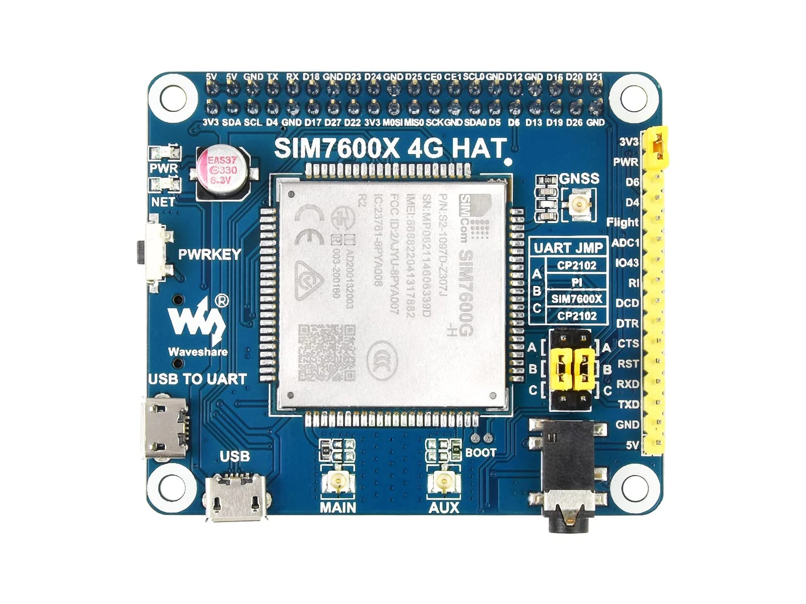 Waveshare SIM7600G-H 4G HAT For Raspberry Pi, LTE Cat-4 4G / 3G / 2G Support, GNSS Positioning, Global Band