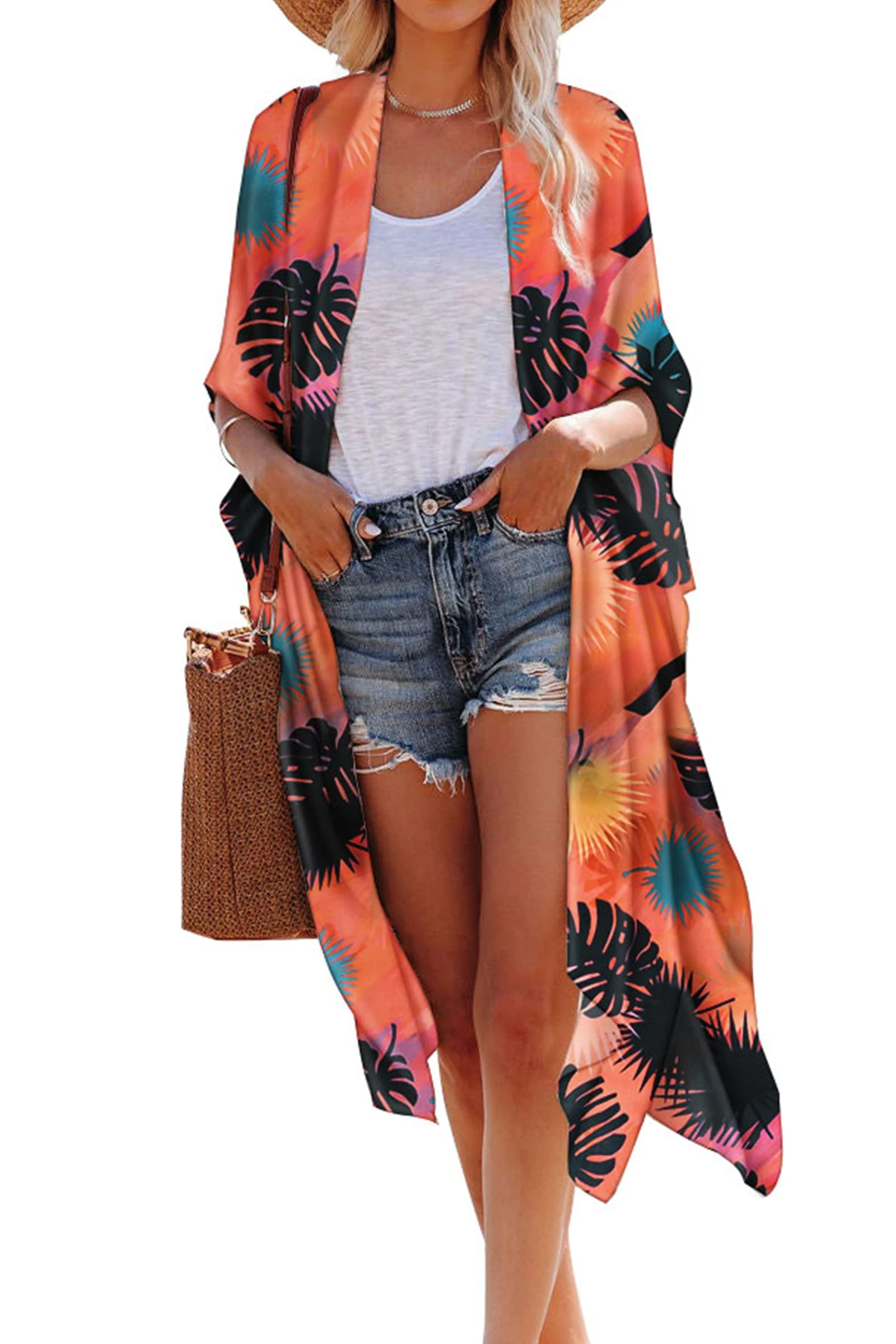 Hibluco Women's Fashion Chiffon Floral Kimono Cardigan Long Swimwear Cover Ups