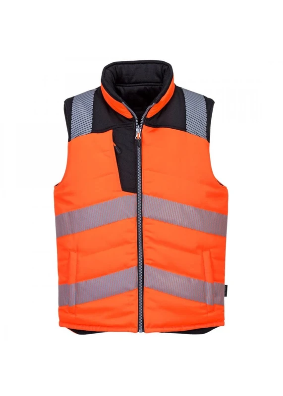 Portwest PW374 PW3 Men's Hi-Vis Reversible Bodywarmer - Reflective High Viz Outdoor Safety Security Gilet Workwear Sleeveless Vest, Orange/Black, S