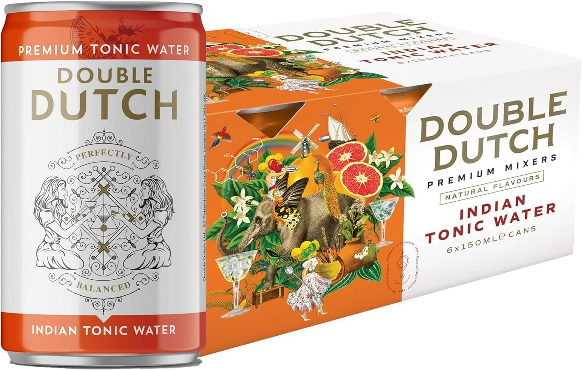 Double Dutch Indian Tonic Water | Classic Indian Tonic Water with Natural Bitterness | Gluten Free, Vegan Friendly Premium Mixer Perfect For Gin & Cocktails | 6 x 150ml Cans