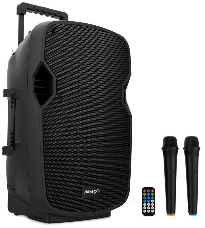 Audibax Denver 12-12" Active PA Speaker - 200W Power - Amplified Speaker - USB/SD Connection - Bluetooth Speaker - Includes Wheels + 2 Handheld Microphones - 6 Hour Battery