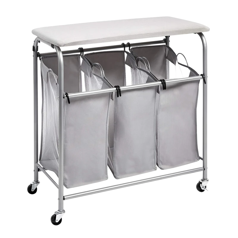 Amazon Basics 3-Bag Rectangular Laundry Sorter With Tabletop Ironing Board, Grey, 80 cm x 41 cm x 84 cm - Image 1
