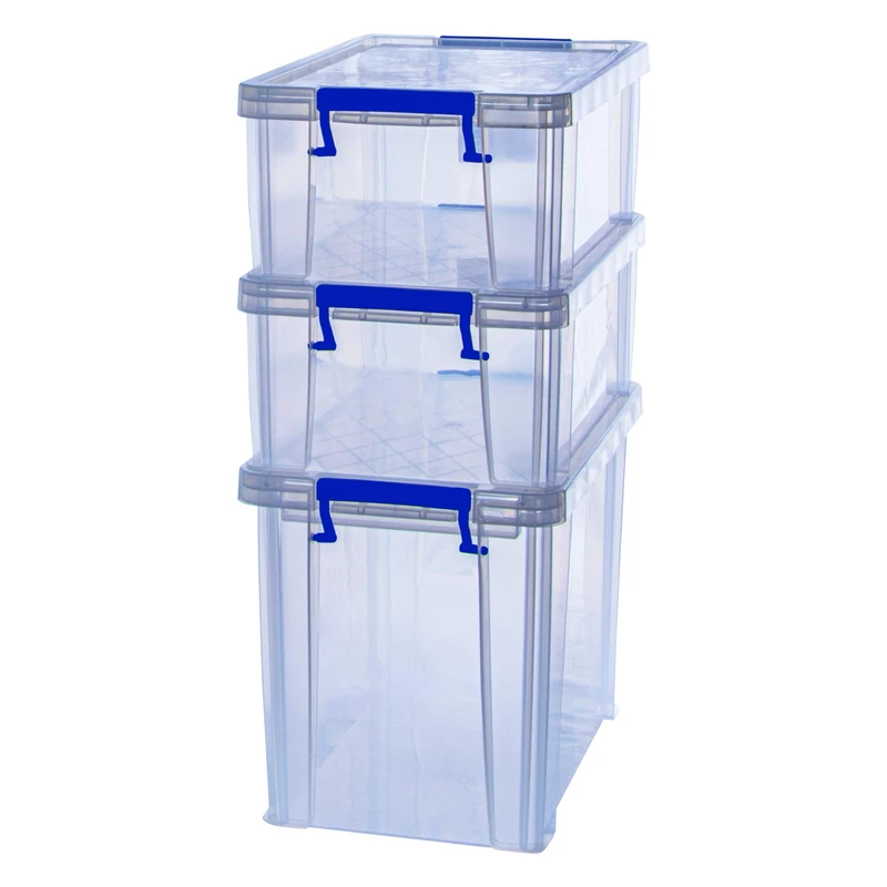 BANKERS BOX Plastic Storage Boxes with Lids, Pack of 3, 2 x 10 Litre + 1 x 18.5 Litre. ProStore Strong Stackable Plastic Storage Boxes, Made in the UK, Clear