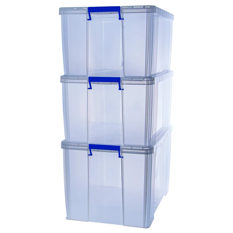 BANKERS BOX Plastic Storage Boxes with Lids, Pack of 3, 2 x 70 Litre + 1 x 85 Litre. ProStore Strong Stackable Plastic Storage Boxes, Made in the UK, Clear