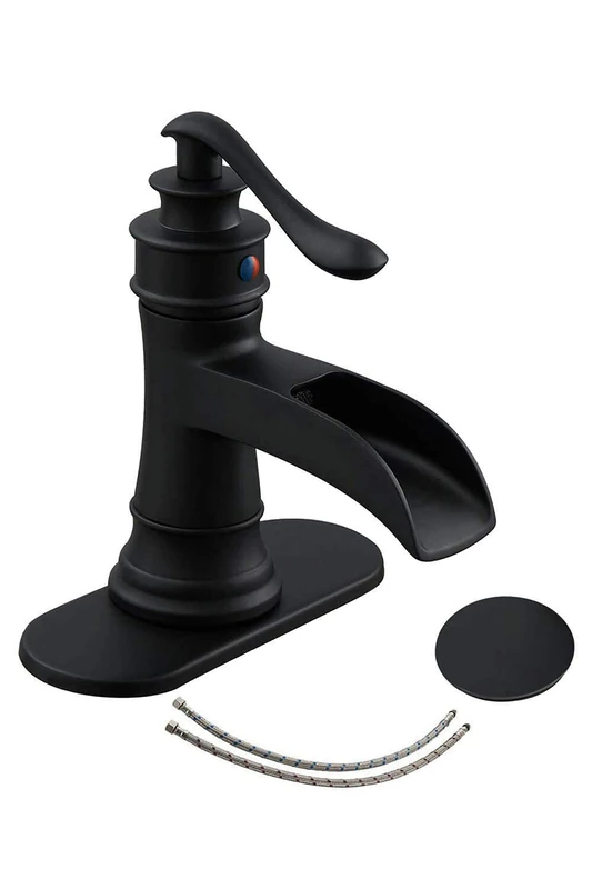 Black Bathroom Faucet Matte Waterfall Sink Farmhouse Vanity Single Hole Faucets One Handle Basin Antique centerset with Pop Up Drain Stopper Mixer Tap Overflow Supply Line Lead-Free by Homevacious - Image 1