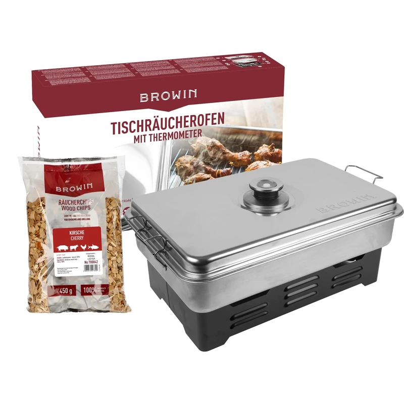 Browin 330010 Balcony Smoker Oven Rustproof Mobile - with Kitchen Thermometer and Smoking Chips Grey 11 x 43.5 x 27.5 cm