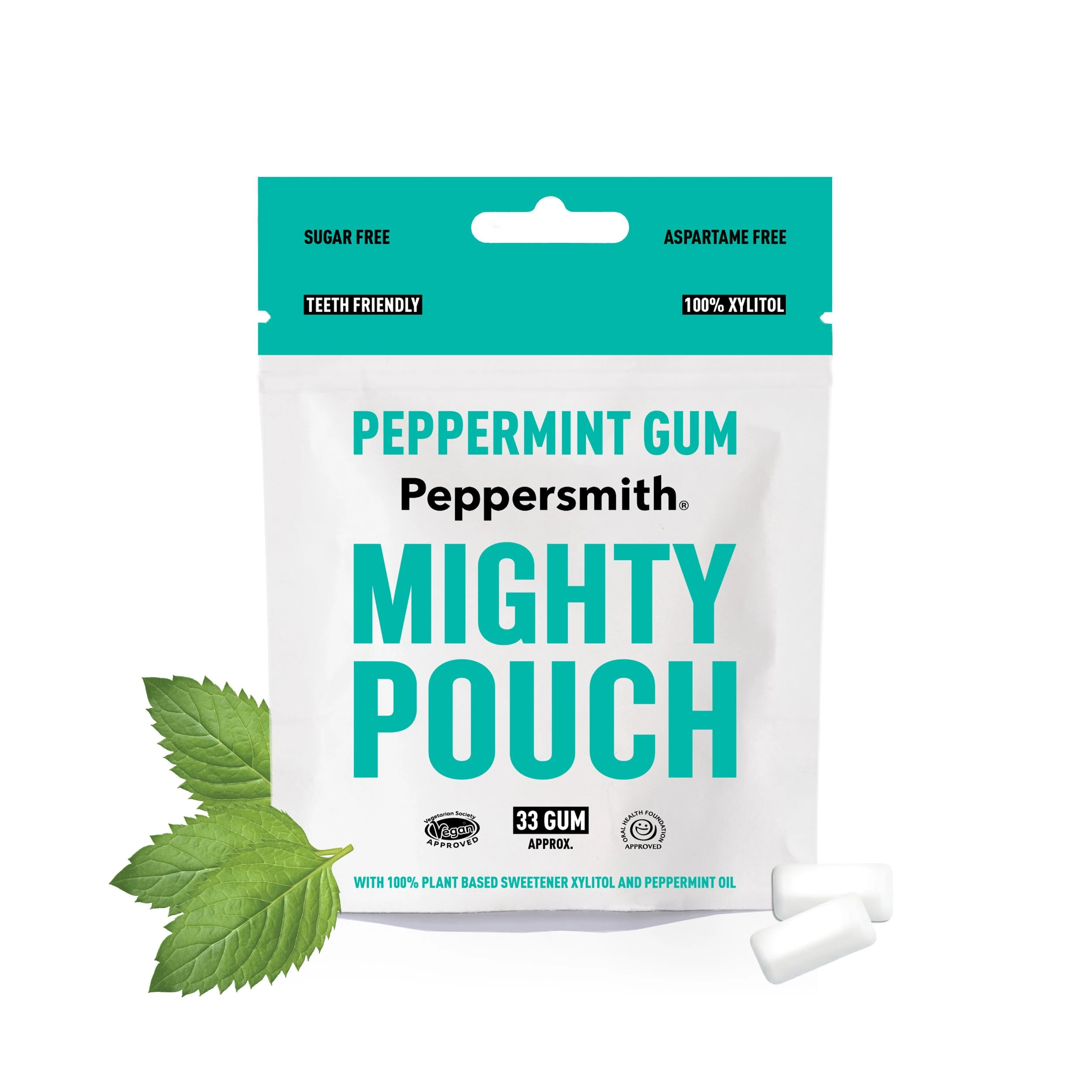 Peppersmith - British Peppermint Gum - Vegan Friendly - 100% Plant Based Xylitol - Natural Flavours - Freshens Breath - Sugar Free Gum - Benefits Oral Health - Mighty Box - 33 Pieces