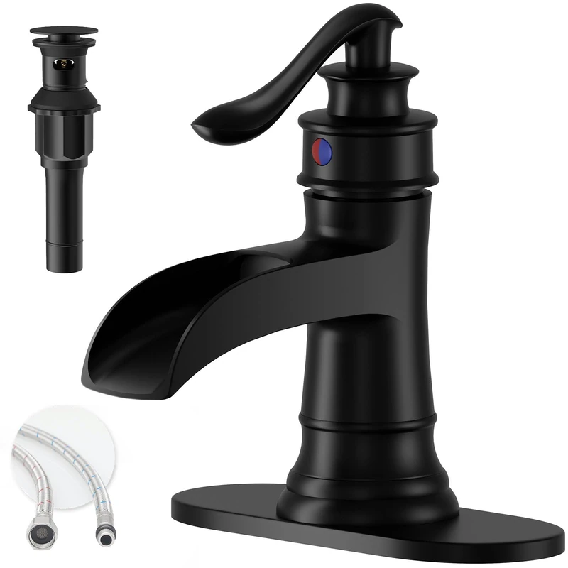 Matte Black Waterfall Bathroom Faucet Single Handle Bathroom Sink Faucet