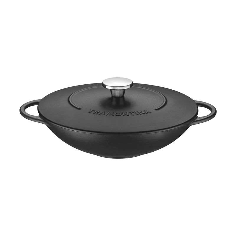 Tramontina 32cm Black Enamelled Cast Iron Wok - 5L Capacity
