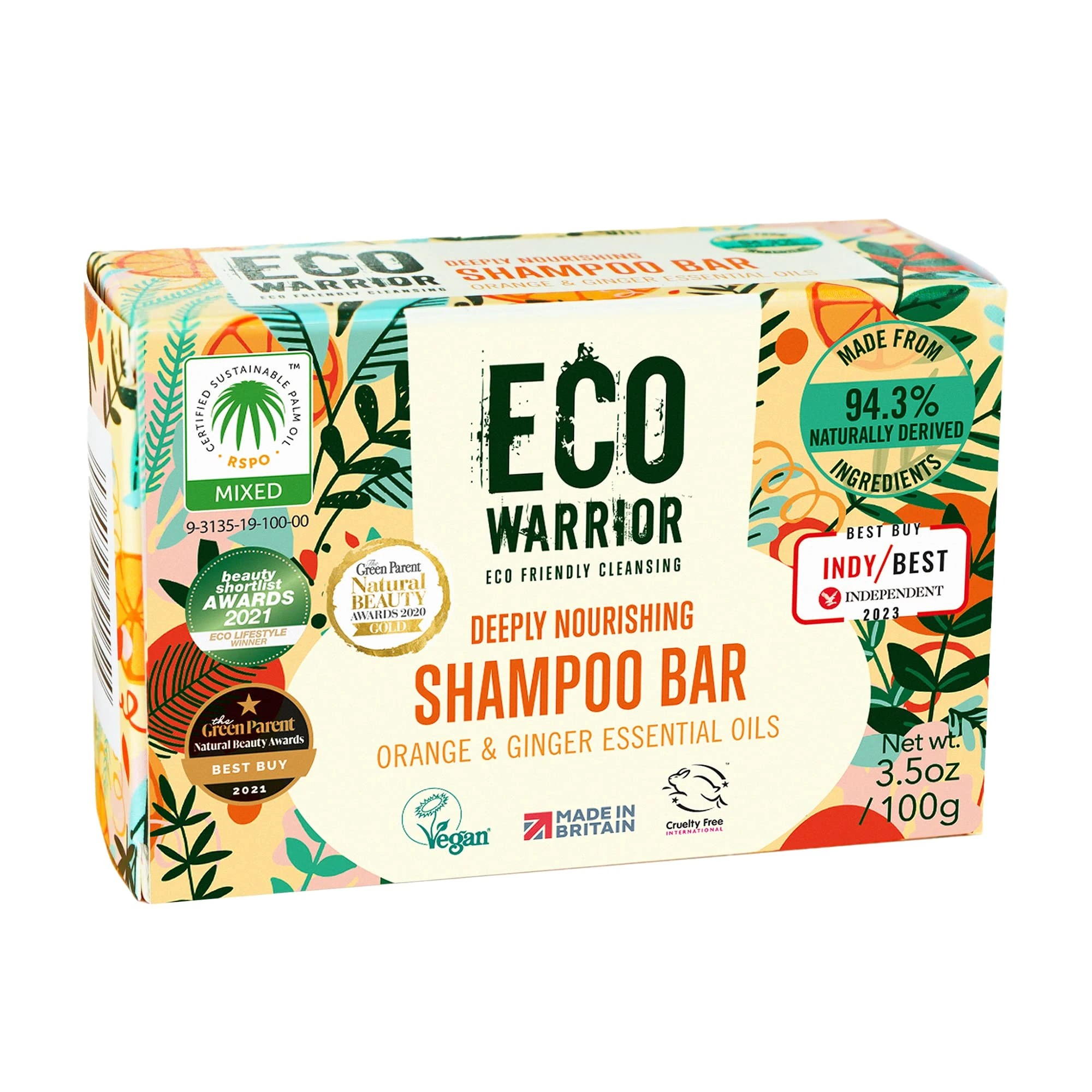 Eco Warrior Deeply Nourishing Shampoo Bar | Vegan, Cruelty Free, Natural, No SLS or Parabens | Eco Friendly Cleansing | Hydrating Pink Clay, Pure Orange & Ginger Essential Oil for Healthy Hair | 100g