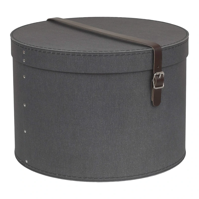 Bigso Box of Sweden Set of 2 Storage Boxes - Round Storage Box with Leather Straps - Large and Small Hat Box Duo Made of Fibreboard and Paper in Linen Look - Black