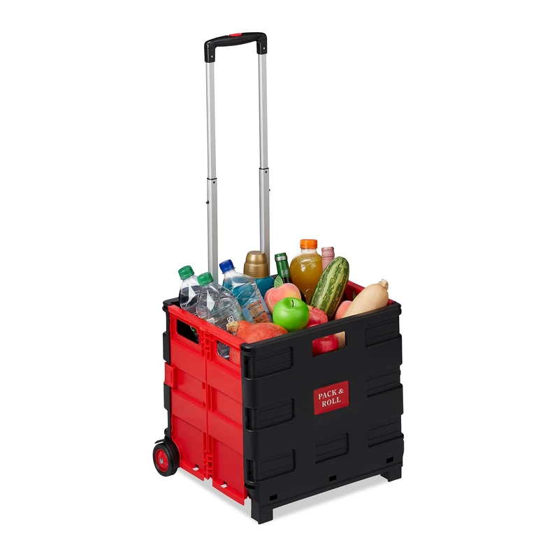 Relaxdays Folding Shopping Trolley, Telescopic Handle, 2 Rubber Wheels, Transport Cart, Aluminium, Red, 98 x 45.5 x 37 cm
