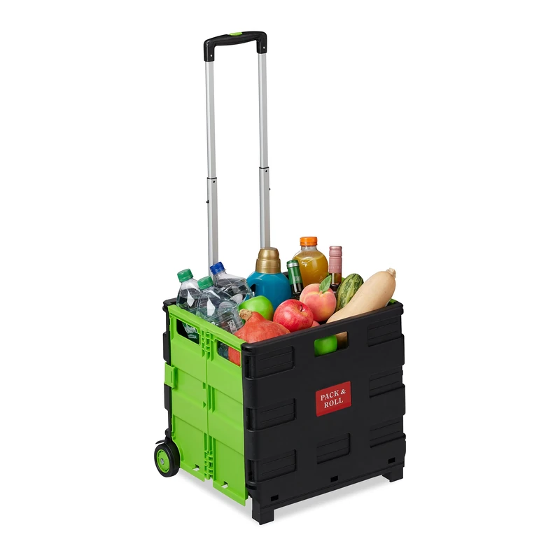 Relaxdays Folding Shopping Trolley, Telescopic Handle, 2 Rubber Wheels, Transport Cart, Aluminium, Green