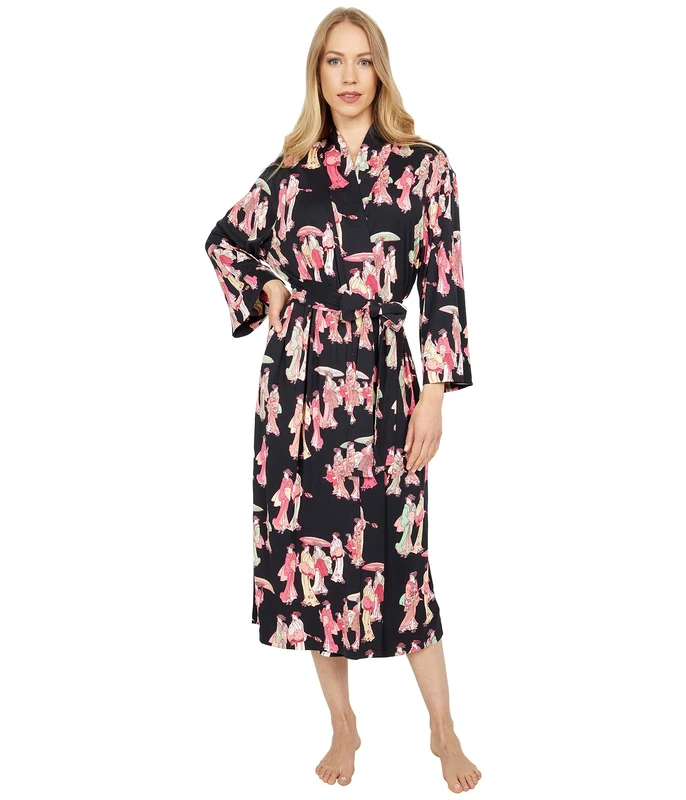 N Natori Women's Geisha-Printed Cozy Knit Robe Length 49" Bathrobe, Black/Multi, Medium