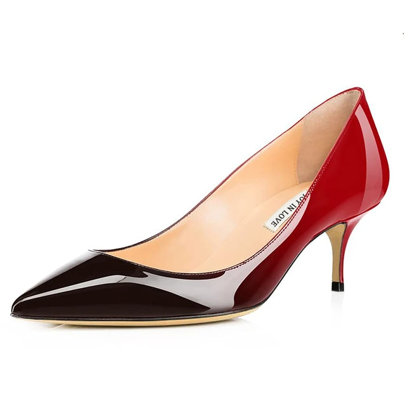 JOY IN LOVE Women's Shoes Low Heels Pointy Toe Kitten Heel Daily Pumps, Patent-red-Black, 5 UK