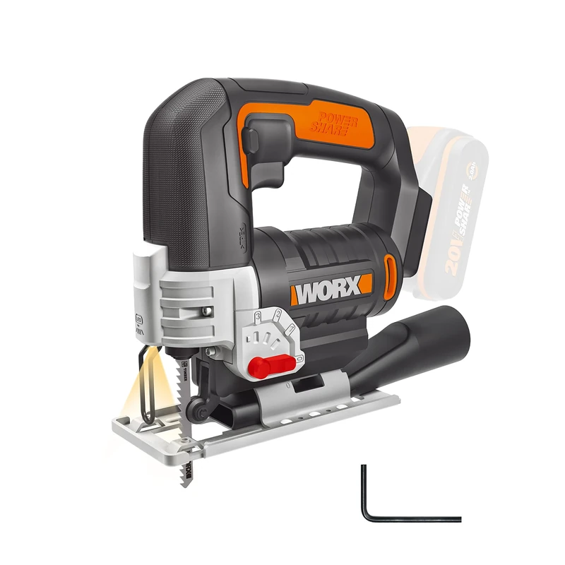 Worx WX543 20V Cordless Jigsaw with 1x 2.0Ah Battery, Charger & Carry Case – Variable Speed, 4-Stage Pendulum, Bevel Cutting Base, LED Light & Dust Blower for Clean, Precise Cuts