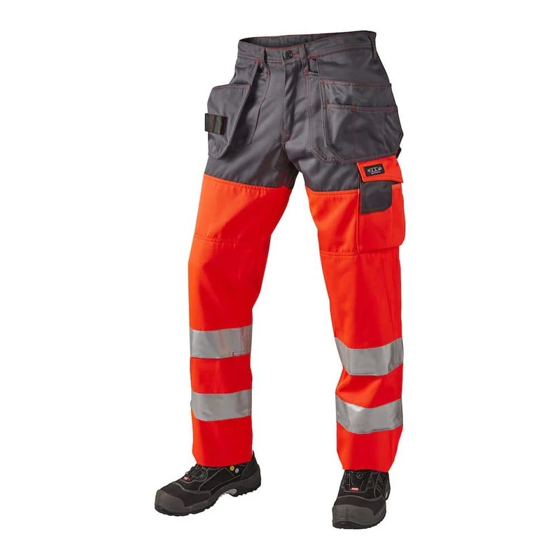 J.A.K. 1110087B120 Series 11100 70% Polyester/30% Cotton Trousers with Hanging Pockets, EN 20471, Class 2, Red/Grey, 66 L (47/35) Size