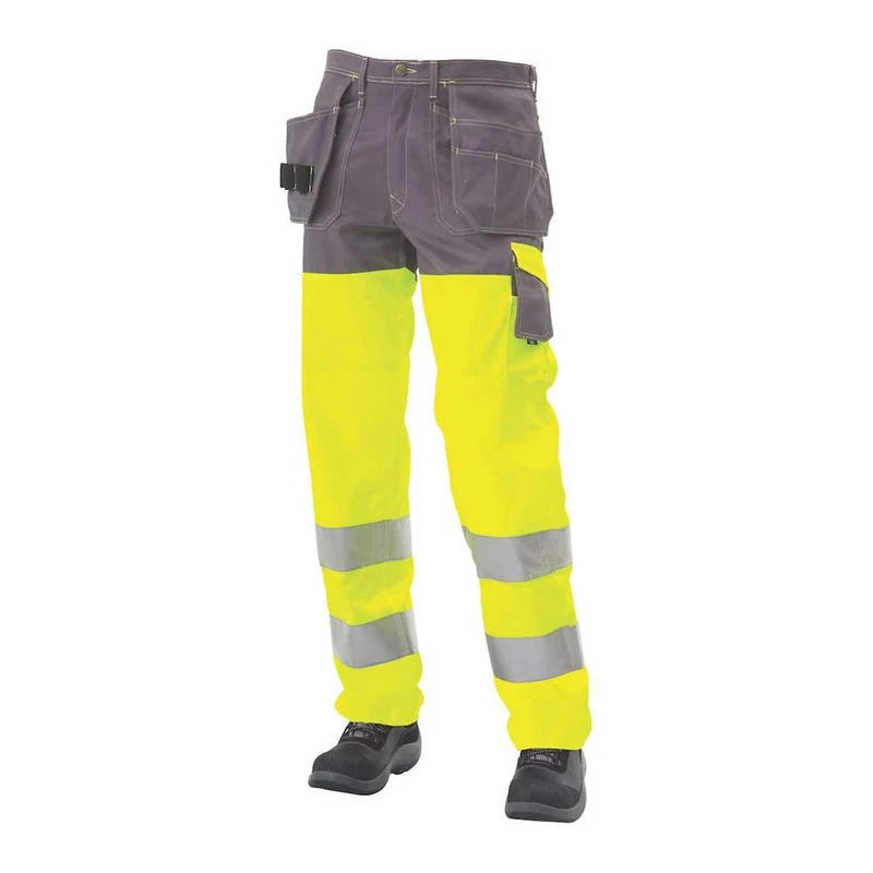 J.A.K. 1110086B076 Series 11100 70% Polyester/30% Cotton Trousers with Hanging Pockets, EN 20471, Class 2, Yellow/Grey, 44 L (30/35) Size