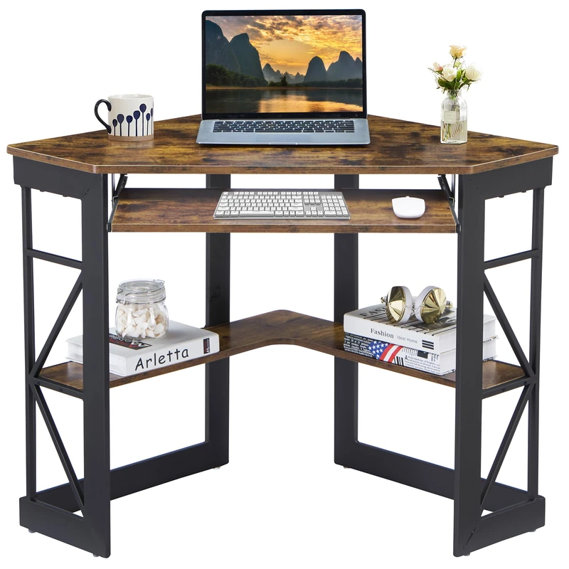 VECELO Corner Computer Desk with Smooth Keyboard & Storage Shelves for Home Office Workstation, Antique Brown