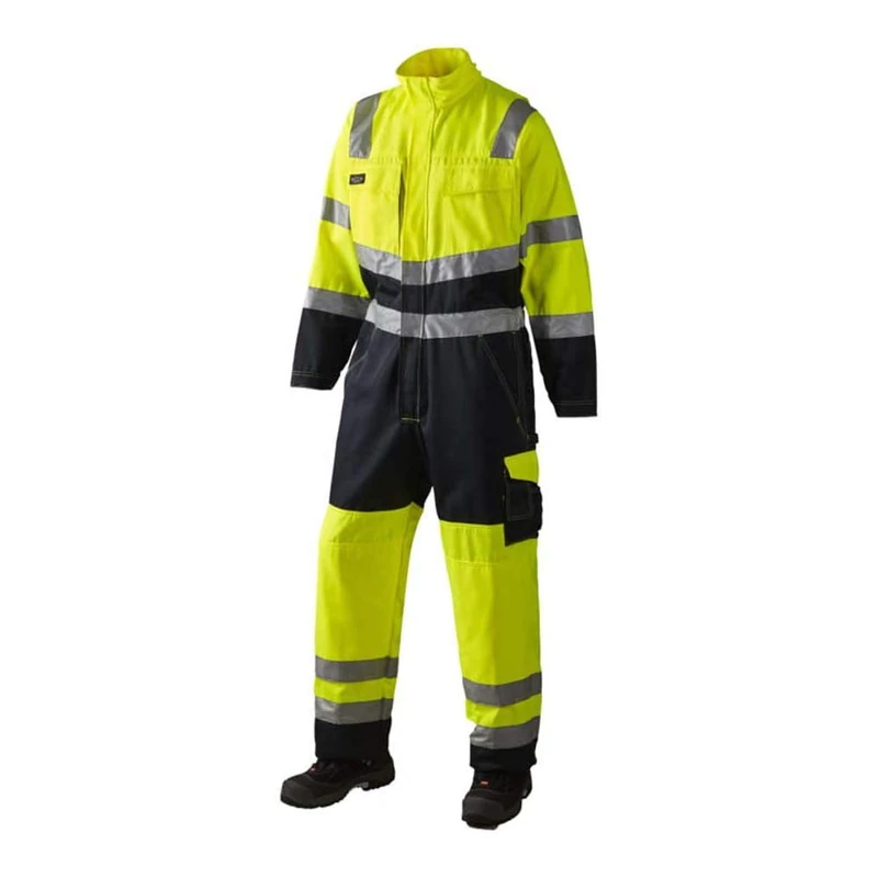 J.A.K. 111088503 Series 11108 70% Polyester/30% Cotton Work Suit, EN 20471, Class 3, Yellow/Navy, L Size