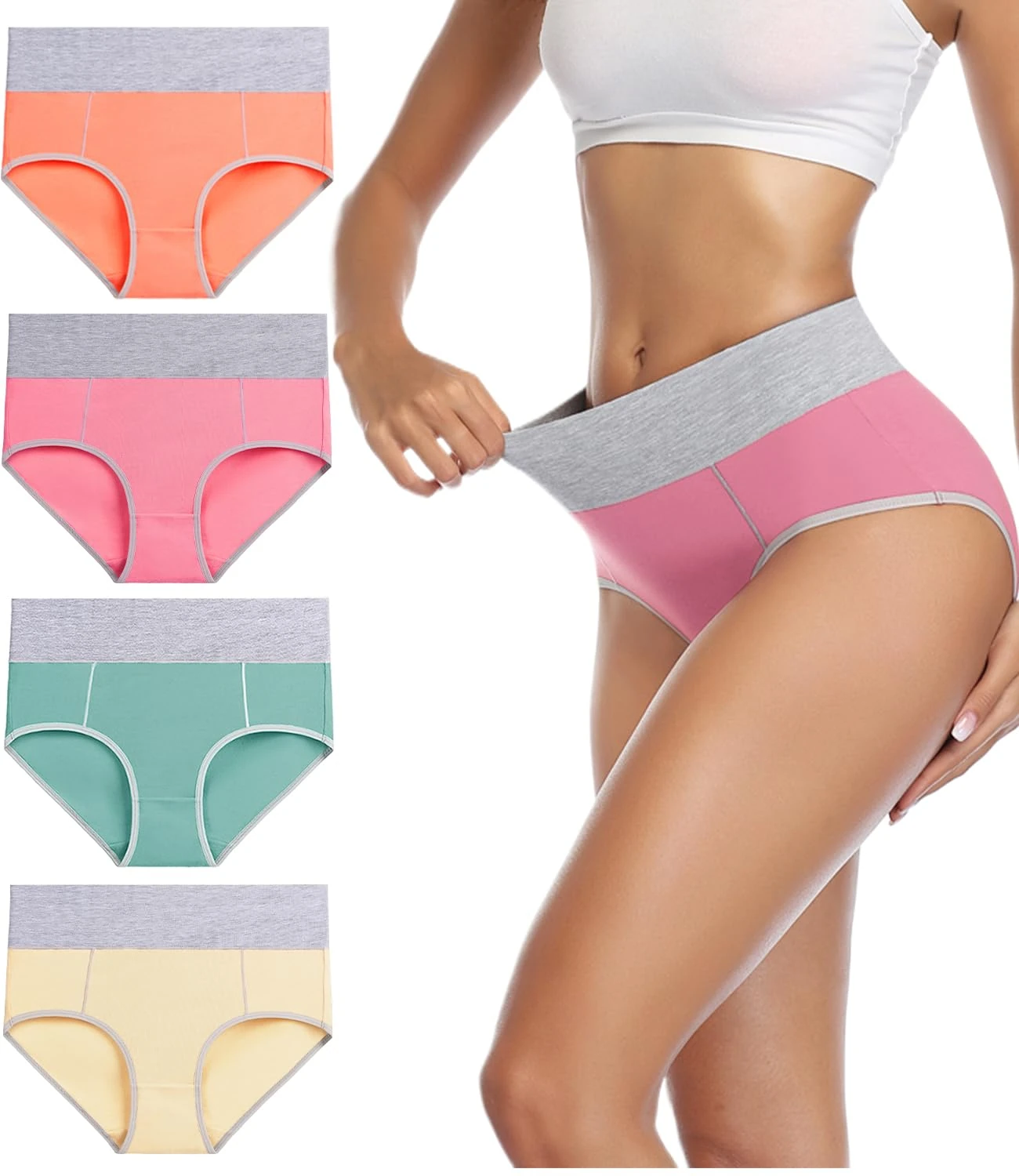 wirarpa Underwear Women High Waist Cotton Knickers Ladies Panties Full Coverage Briefs Underpants Plus Size Multicolour 4 Pack L