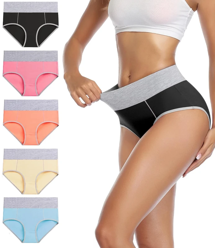wirarpa Underwear Women High Waist Cotton Knickers Ladies Panties Full Coverage Briefs Underpants Plus Size Multicolour 5 Pack XS