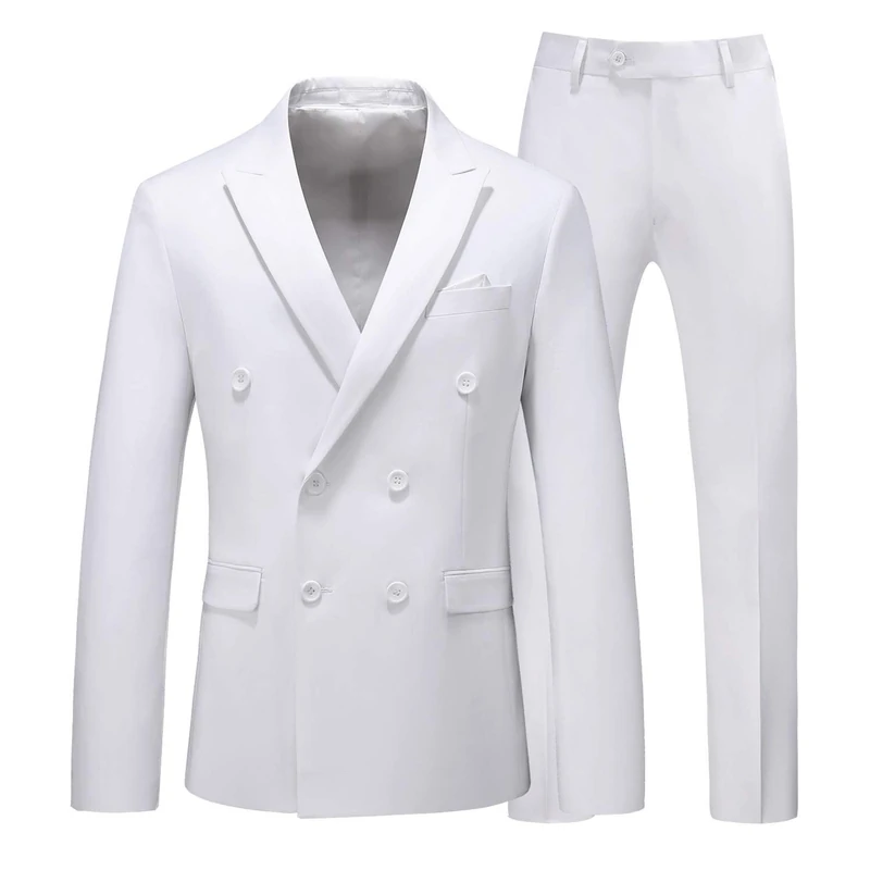 MOGU Mens 2 Piece Suit Slim Fit Double Breasted Blazer and Pants Solid Color Prom Tuxedo - White - 32