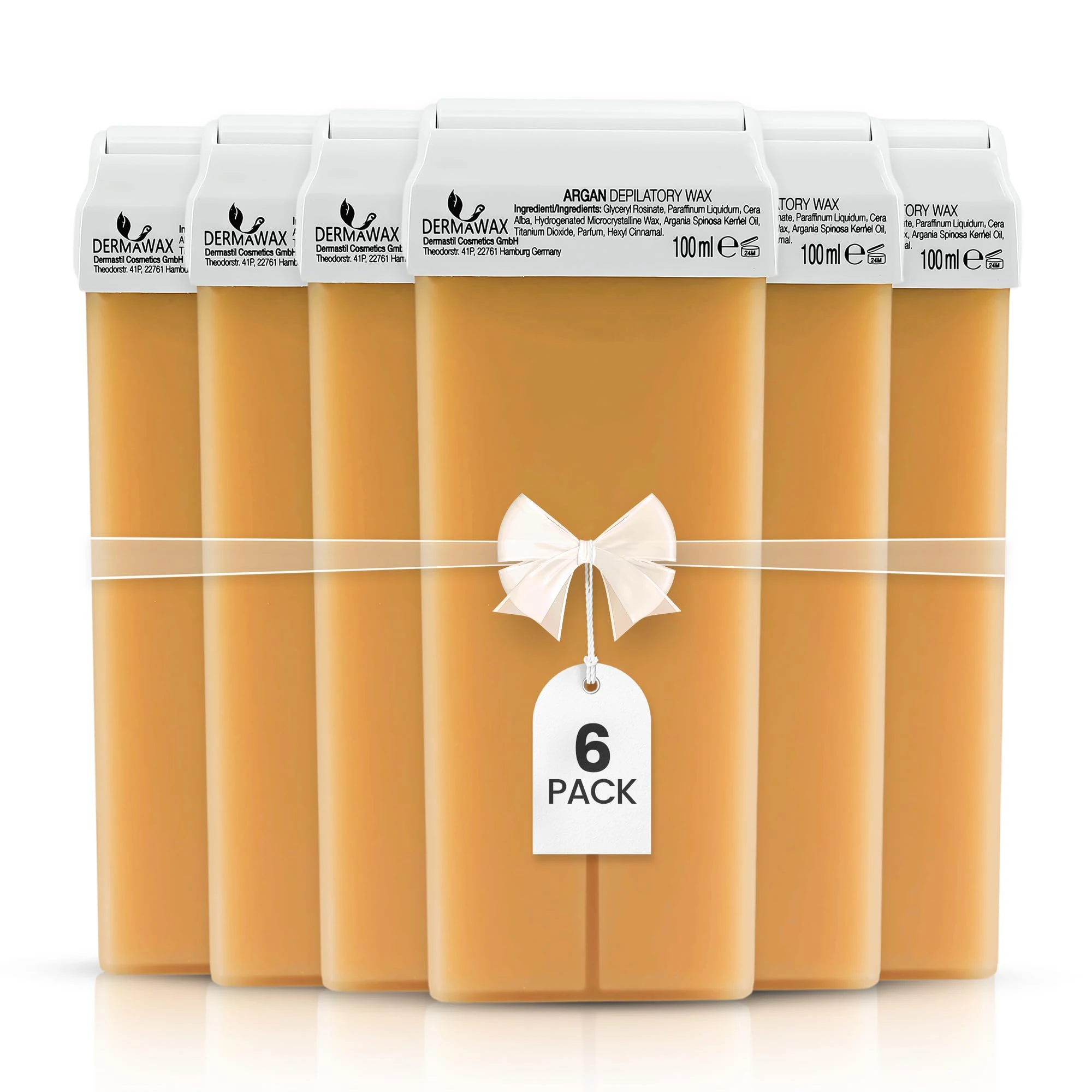 DERMAWAX 6x100ml Argan Roll On Wax Cartridges Refill – Soft Creamy Wax for Sensitive Skin – For Use with Roll-On Wax Heater & Non-Woven Strips (Not Included) – Legs, Arms, Underarms, Chest & Back