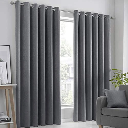 Fusion Strata Woven Eyelet Lined Curtains, Charcoal, 90 x 90 Inch