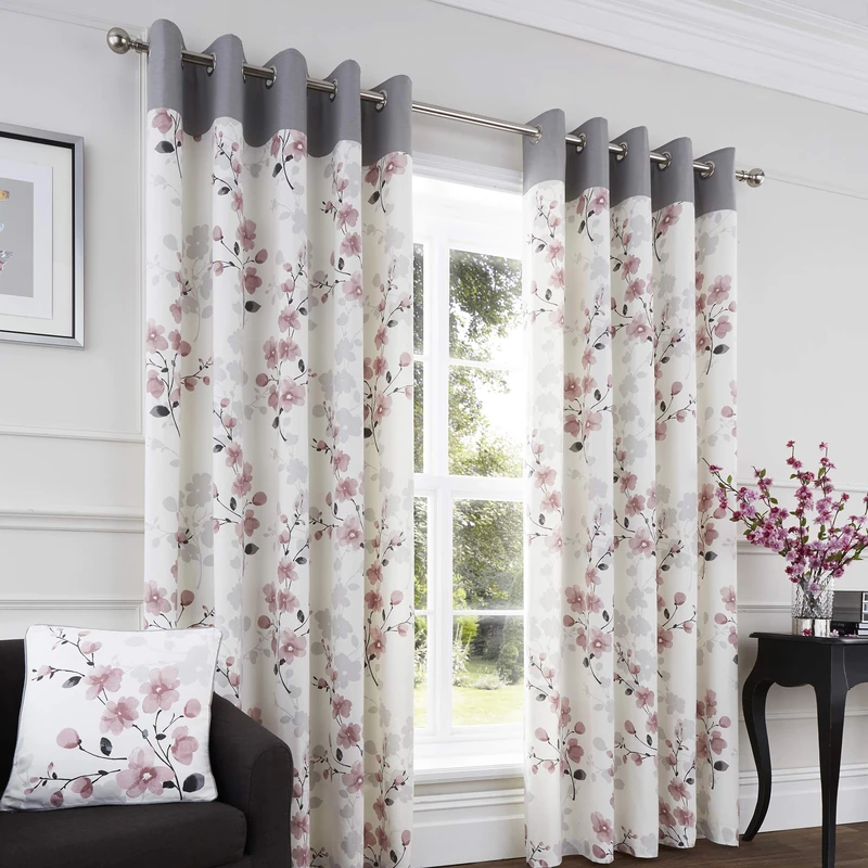 Fusion Paige Watercolour Floral 100% Cotton Eyelet Lined Curtains, Blush, 66 x 54 Inch, PAGBH66546L2U