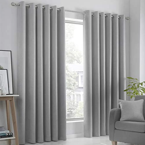 Fusion Strata Woven Eyelet Lined Curtains, Silver, 90 x 72 Inch