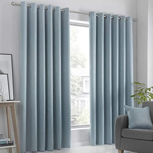 Fusion Strata Woven Eyelet Lined Curtains, Duck Egg, 90 x 90 Inch