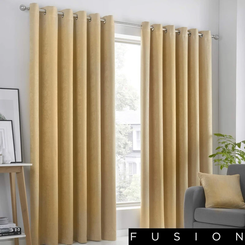 Fusion Strata Woven Eyelet Lined Curtains, Ochre, 90 x 72 Inch
