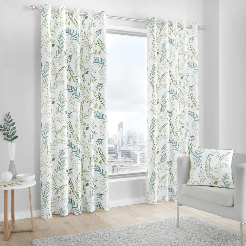 Fusion Fernworthy Leaf Print 100% Cotton Eyelet Lined Curtains, Green, 90 x 72 Inch
