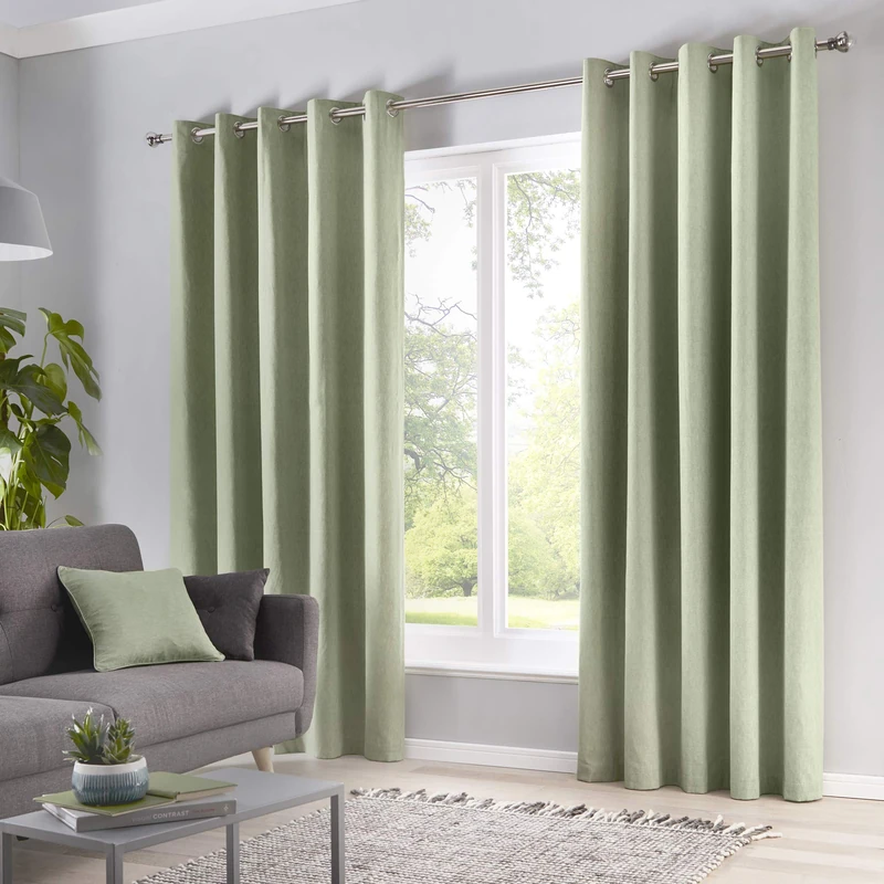 Fusion Sorbonne 100% Cotton Eyelet Lined Curtains, Green, 90 x 72 Inch