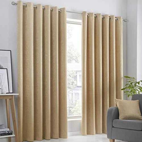 Fusion Strata Woven Eyelet Lined Curtains, Ochre, 66 x 90 Inch, 100% Polyester, W168cm (66") x D228cm (90")