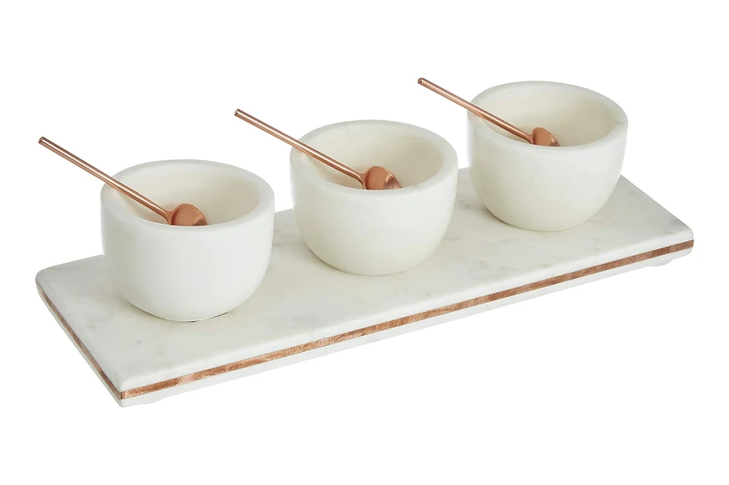 Premier Housewares Marble Serving Tray, 3 Condiment Board, White Marble, Copper Inlay - 31cm,1001202